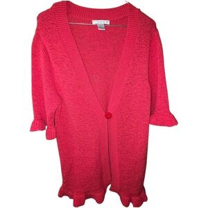 Sarah Spencer Woman Coral Knit Cardigan Duster Ruffle Trim Button Front 1X